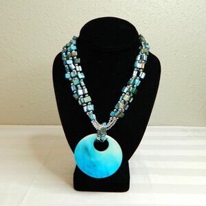 Shell and Silver-tone Bead Necklace with Large Round Shell Pendant